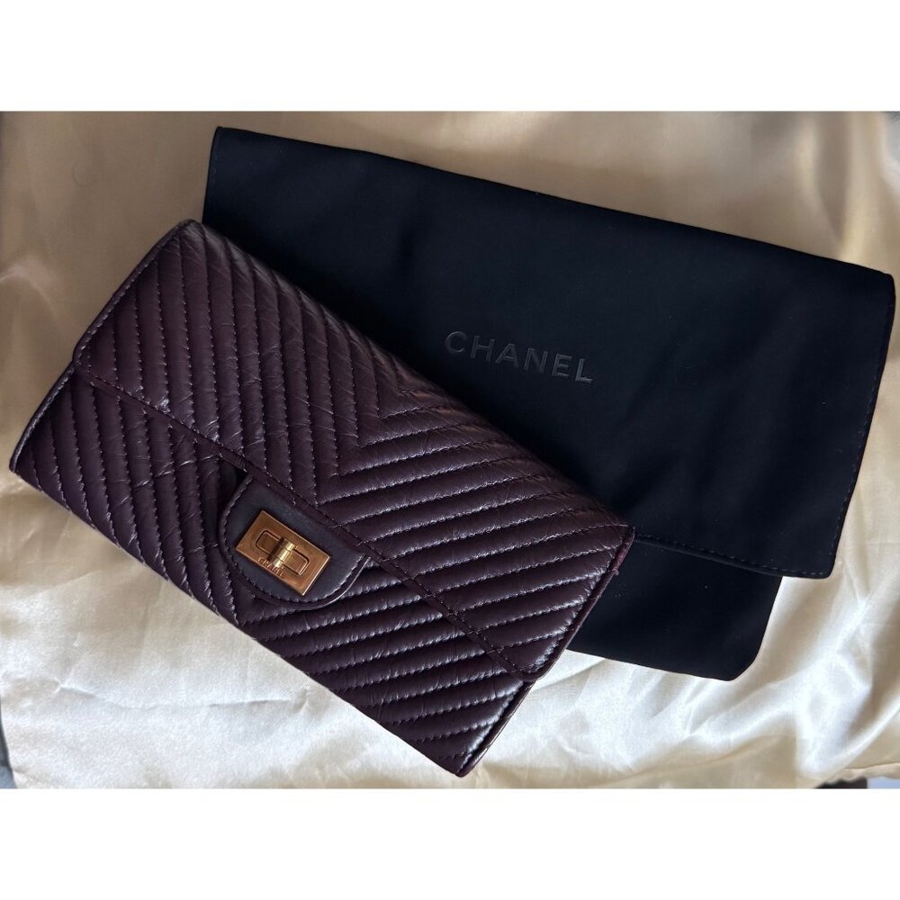 Chanel Reissue Flap Burgundy Chevron Aged Calfskin Long Wallet with Dust Bag